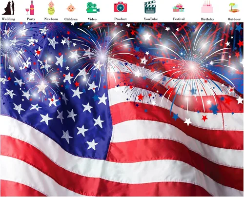 Vista 2 de LB Telón de fondo fotográfico del 4 de julio de 5 x 3 pies con bandera estadounidense y estrella con fuegos artificiales, telón de fondo