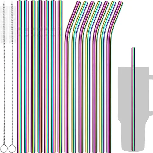 Vista 11 de Tomorotec Juego de 14 popotes de acero inoxidable de 11 pulgadas y 2 cepillos de limpieza con diseños curvos y rectos, compatible con vasos Stanley