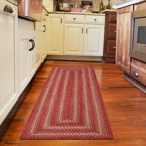 Vista 123 de Homespice Apple Pie - Alfombra ovalada roja de 2 x 3 pies, alfombra de cocina trenzada para decoración primitiva y rústica, reversible, yute sin