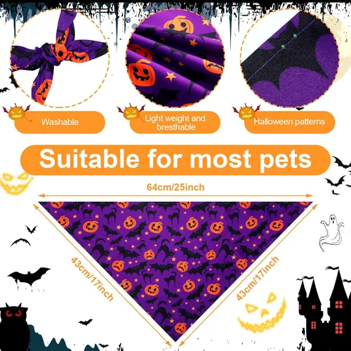 Vista 2 de Newwiee - 200 bandanas de Halloween para perro, diseño de fantasma, grandes Bufanda triangular para mascotas, patrón de calabaza, murciélago