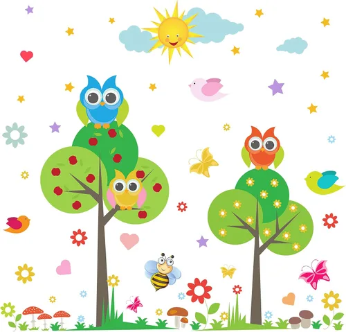 Vista 8 de Calcomanía de pared de animales para niños, diseño de flores, pájaros, mariposas, bricolaje, extraíble, despegar y pegar, decoración de árbol verde