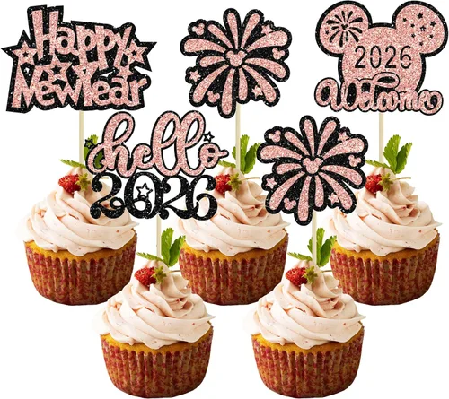 Vista 16 de 24 piezas de adornos para cupcakes de Feliz Año Nuevo 2026 de oro con purpurina, celebra el 2026, adornos de cupcakes para la víspera de Año Nuevo