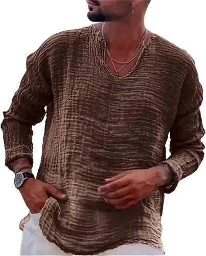 Vista 8 de Camisas casuales de lino para hombre, de manga larga, cuello en V, a la moda, playa, vacaciones, sueltas, lisas, ligeras, básicas