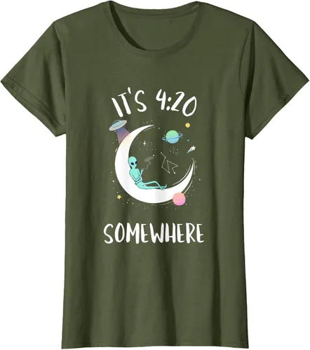 Vista 45 de Funny Weed Joint Smoking Moon Alien It's 4:20 Somewhere Camiseta, Negro, S