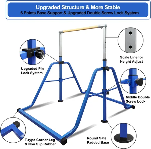 Vista 5 de Foldable Gymnastics Kip Bar with Rings & Bar Pad, 3 FT–5 FT Adjustable Horizontal Bar for Kids, 7-Level Height, 300 LBS Weight Capacity, Indoor Home