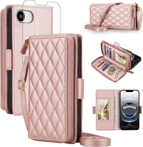 Vista 23 de Asuwish Funda compatible con iPhone 6/6s/7/8/SE 2020 2022 con cremallera y bloqueo RFID, protector de pantalla, correa cruzada i6 i7 i8 7s 8s SE2020