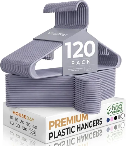 Vista 11 de HOUSE DAY Paquete de 10 perchas de plástico color negro, perchas de plástico con ganchos integrados, percha duradera y fuerte para armario, ahorro