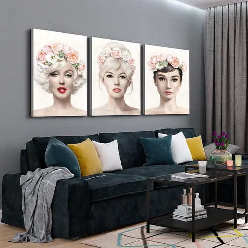 Vista 3 de Denozer Arte de pared en lienzo de 3 paneles con retrato de belleza de Marilyn Monroe, Audrey Hepburn y Brigitte Bardot, impresiones de cuadros
