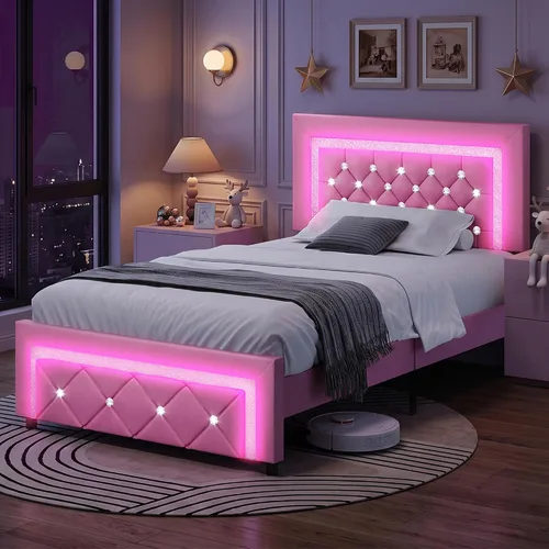 Vista 10 de BarnFurin Marco de cama Twin con luces LED, cama de plataforma tapizada con cabecera capitonada de diamante, no necesita somier, sin ruido, fácil