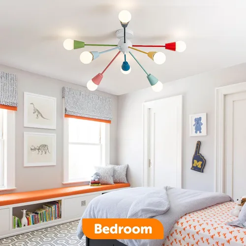 Vista 5 de Candelabro colorido, candelabro Sputnik moderno, 8 luces para niños con luces divertidas multicolor arcoíris para habitación de niños, sala