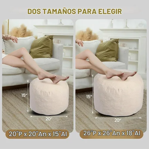 Vista 2 de Puf redondo otomano con relleno de trozos de espuma, otomanas de pana para sala de estar (20 x 15 pulgadas, beige)