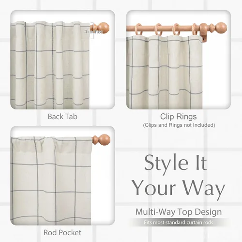 Vista 7 de DriftAway 2 paneles cortinas de lino a cuadros 100% opacas de doble capa cortinas para dormitorio de 96 pulgadas de largo estilo granja con Gris