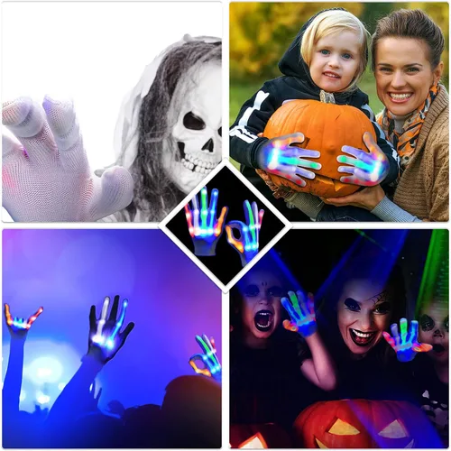 Vista 6 de 4 pares de guantes LED de Navidad, juguetes geniales y divertidos, guantes de luz intermitente, guantes coloridos que brillan con luz, Con