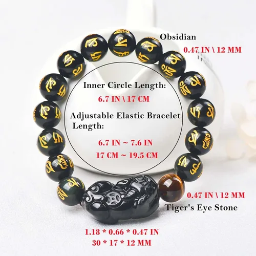 Vista 44 de Pulsera de obsidiana negra, pulsera de obsidiana negra Feng Shui para mujeres y hombres, pulsera elástica de obsidiana con piedra de ojo de tigre