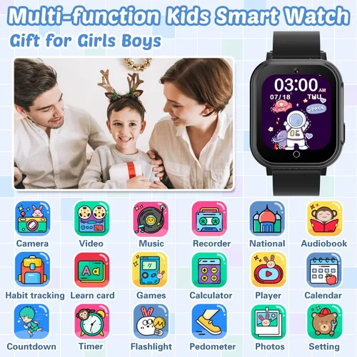 Vista 2 de Reloj inteligente impermeable para niños con 32 juegos, cámara dual, video, seguimiento de hábitos, reproductor de música, podómetro, protectores