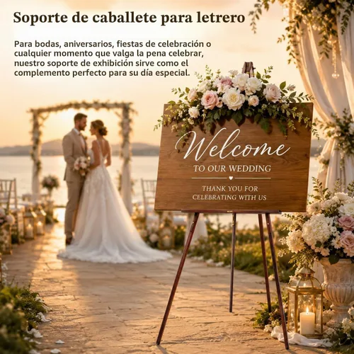 Vista 3 de Conda Trípode de madera de 63 pulgadas con bandeja, caballete ajustable con marco A para letrero de boda, caballetes plegables para pintar lienzos