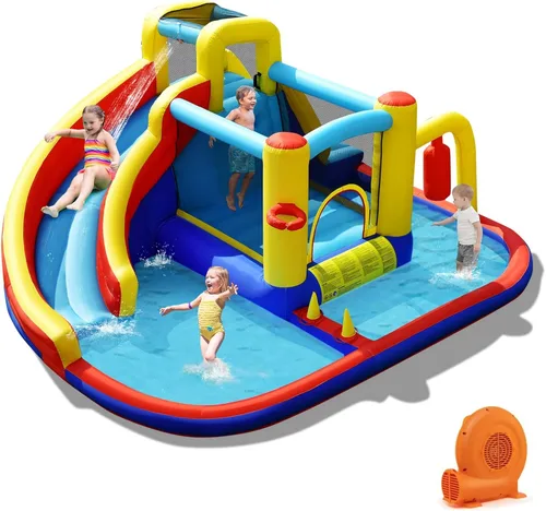 Vista 12 de BOUNTECH Tobogán acuático inflable, castillo de salto de parque acuático para niños con gran piscina de salpicaduras, 2 paredes de escalada