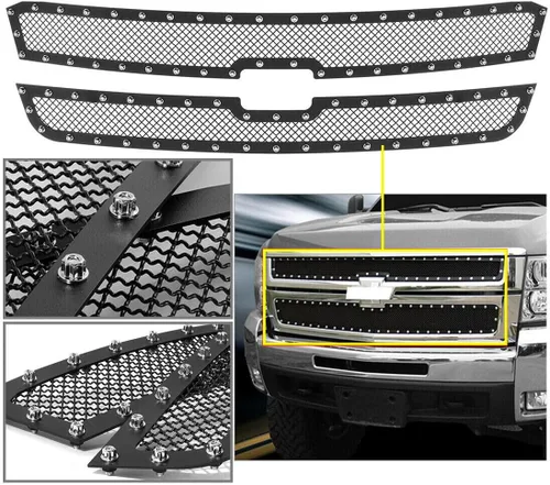 Vista 9 de Rejilla de remache frontal de acero inoxidable negra compatible con Chevy Avalanche 1500/2500 03-05 Silverado1500/1500HD/SS/2003-2004 Chevy