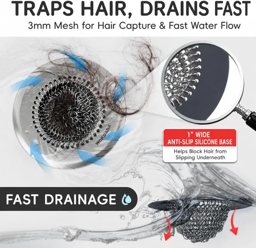 Vista 5 de Atrapapelos para Desagüe de Bañera, Wokdada Atrapapelos de Drenaje Rápido para Ducha, Protector de Desagüe Reversible de Acero Inoxidable 304