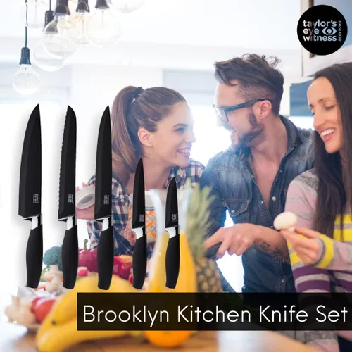 Vista 2 de Taylors Eye Witness Juego de 5 cuchillos de cocina de regalo – Brooklyn Chrome Coloured Bolsters, navaja a juego con cuchillas negras azabache