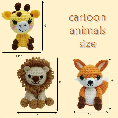 Vista 3 de GZBZTZ Kit de ganchillo de animales salvajes 3 en 1: león, zorro y jirafa Juego de safari amigurumi para principiantes con guía de video Regalo