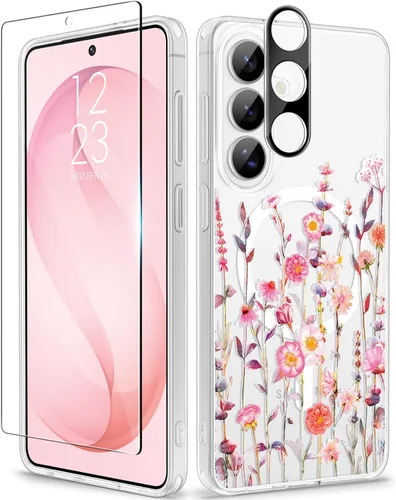 Vista 64 de GVIEWIN Funda protectora para Samsung Galaxy S25, transparente floral, delgada, a prueba de golpes, para mujer, no se pone amarilla, con protector