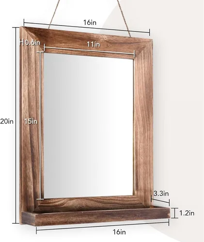 Vista 3 de QDSSDECO Espejo de pared de 16"×20" con estante, decoración de estilo granja, espejo rectangular colgante para baño, tocador, dormitorio, entrada