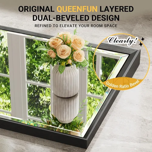 Vista 2 de Espejo de baño negro, espejo de baño biselado de 16 x 24 pulgadas para pared, espejo con marco negro antioxidante para decoración de baño, sala