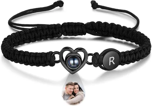 Vista 16 de Pulsera con inicial personalizada con imagen en el interior, cuerda de proyección de fotos personalizada para hombres y mujeres, regalo