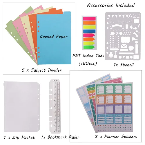 Vista 33 de HXRTANGS A5 Refillable Notebook, Ring Binder Journal Personal Organizer with Lined Paper + Planner Stickers + Subject Dividers + Index Tabs +