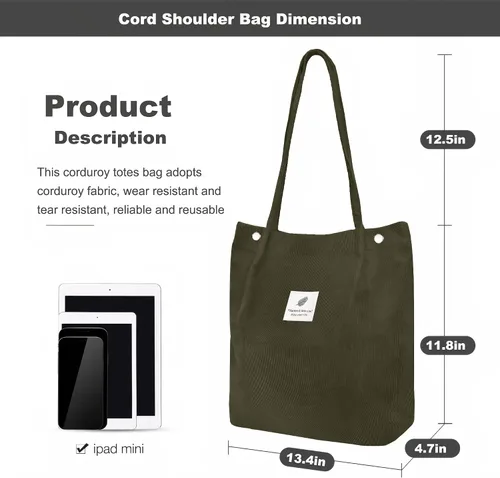 Vista 4 de Bolsa Tote de Pana para Mujeres Pequeña Bolsa de Lona para Hombro Bolsa de Mano de Pana con Bolsillo Interior 02 Verde Ejército
