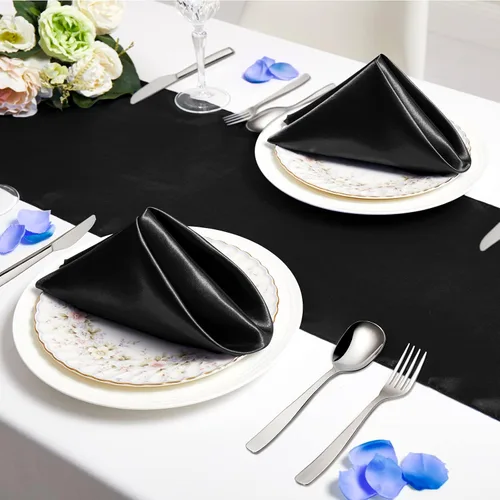 Vista 4 de Horbaunal Paquete de 30 servilletas de satén negro de 20 x 20 pulgadas, servilletas cuadradas suaves de tela sedosa, decoración de mesa para bodas