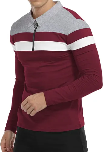 Vista 5 de YTD Polo de manga larga para hombre con cremallera de un cuarto casual ajustado cuello de solapa camisas de algodón de diseño básico