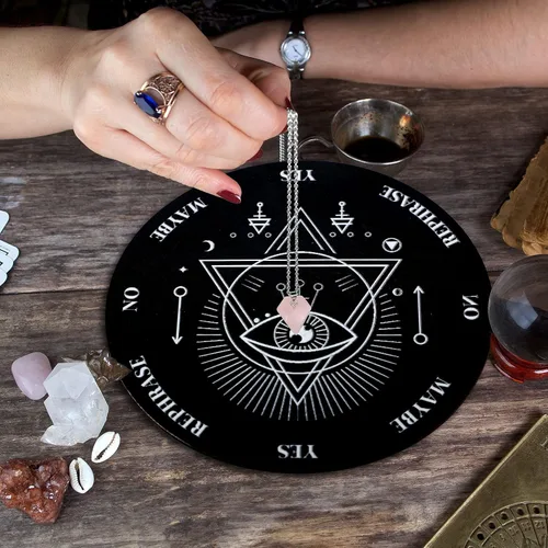 Vista 6 de Jetec Juego de tablero de péndulo de madera para radiestesia, mensaje metafísico con collar de péndulo de divinidad de cristal para suministros