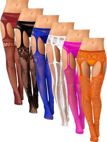 Vista 14 de Skylety 6 pares de medias de red para mujer, medias altas hasta el muslo, medias con tirantes para mujeres y niñas
