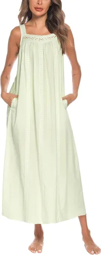 Vista 37 de YOZLY Camisones de algodón para mujer con bordado, sin mangas, con bolsillos S-XXXL