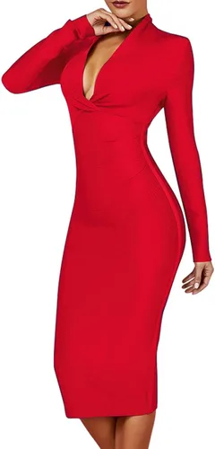 Vista 2 de UONBOX Vestido ajustado de manga larga con cuello en V profundo para mujer, drapeado hasta la rodilla