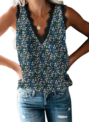 Vista 13 de VIISHOW - Camiseta sin mangas, sexy, con cuello en V y bordes de encaje para mujer, camisola de vestir, camisas de gasa, sin mangas, casuales