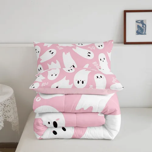 Vista 7 de Castle Fairy Happy Halloween - Juego de edredón para niños, tamaño Queen, juego de ropa de cama con diseño de fantasmas de dibujos animados rosa