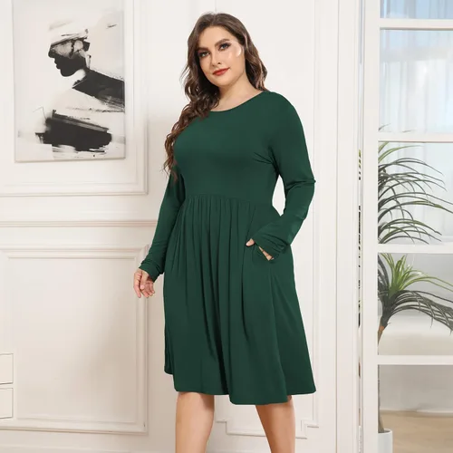 Vista 2 de POSESHE Vestidos de talla grande para mujer, manga larga, cuello redondo, vestidos casuales de cintura imperio, vestido suelto con bolsillos
