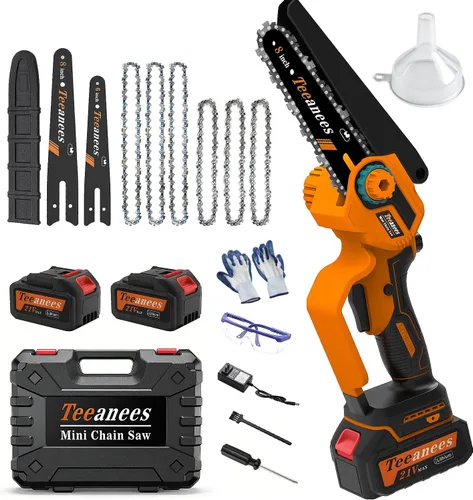 Vista 10 de Motosierra eléctrica inalámbrica de 8 pulgadas con baterías de 2 x 4.0 AH, motosierra de mano a batería para poda de árboles, corte de madera y Azul
