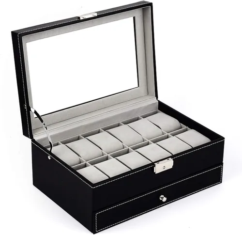 Vista 2 de Tebery Caja de reloj negra con 12 ranuras organizador de piel sintética con cajón de joyería para almacenamiento y exhibición