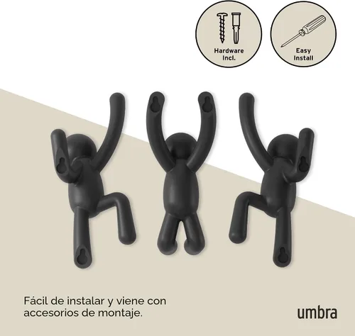 Vista 6 de Umbra Buddy Ganchos de pared decorativos montados en la pared para colgar abrigos, bufandas, bolsos, carteras, mochilas, toallas y más, juego de 3