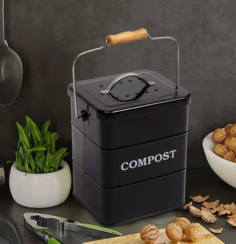 Vista 7 de Cubo de compostaje para encimera de cocina, cubo de compostaje para interiores, ideal para restos de comida, acero al carbono, asas, negro, 1 galón