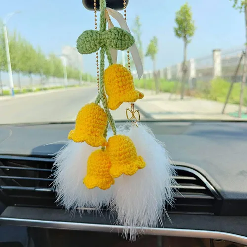 Vista 2 de Surakey Lindo ganchillo colgante Campanula flor de punto Convallaria espejo de coche colgante interior del coche espejo retrovisor de algodón cordón