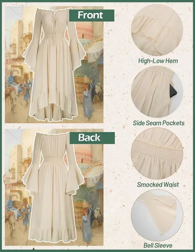 Vista 8 de Scarlet Darkness Disfraz de feria renacentista para mujer, vestido de manga larga acampanada con hombros descubiertos, vestido alto y bajo