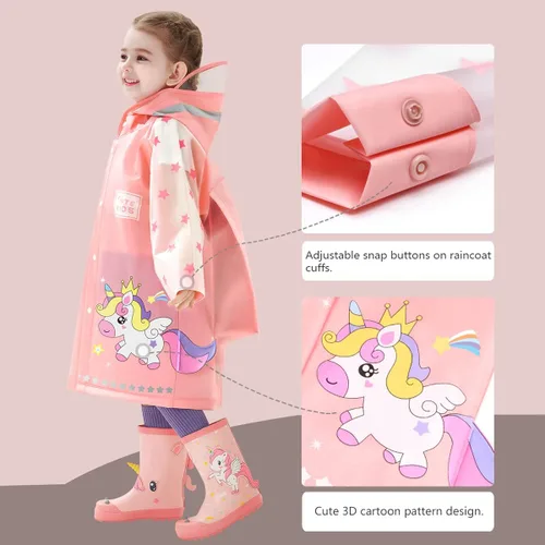 Vista 4 de Chubasqueros impermeables para niños, chaqueta impermeable con capucha, poncho de lluvia para niños y niñas, traje de lluvia reutilizable, ropa