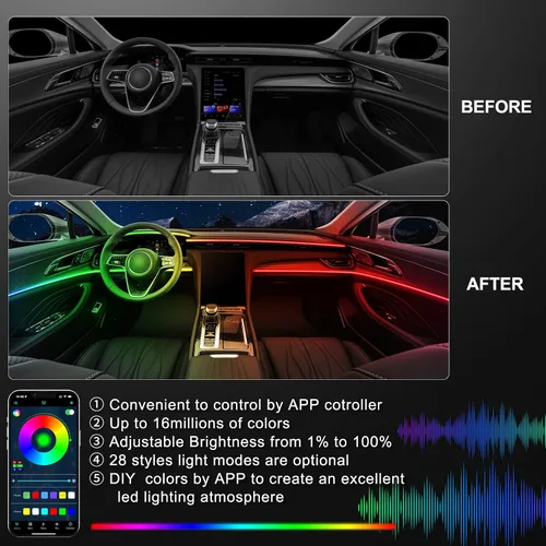Vista 3 de Tira de luz LED acrílica para interior de automóvil con aplicación inalámbrica, kits de iluminación ambiental RGB Dreamcolor 5 en 1, 16 millones