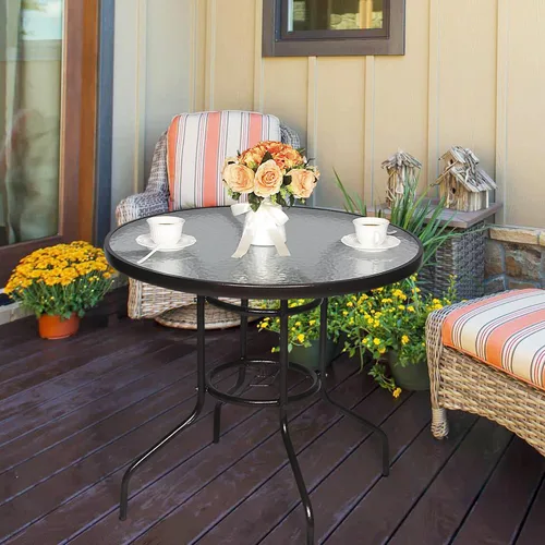 Vista 2 de Cloud Mountain mesa de cena con tabla de vidrio templado y soporte para sombrilla de patio, mesa de jardín para mueble de plataforma de exteriores