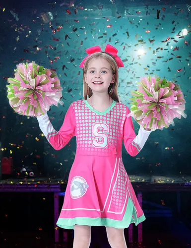 Vista 8 de 5 piezas de disfraz de animadora para niñas, uniforme de animadora con pompones, cuerda de pelo, silbato para niñas de 3 a 10 años